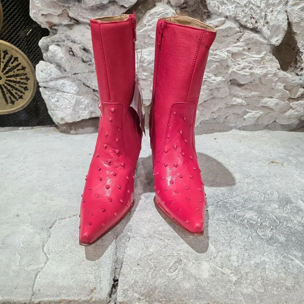 El Canelo Leather Women Red Ostrich Floral Embroidered Boots Sz 5 US Cowgirl